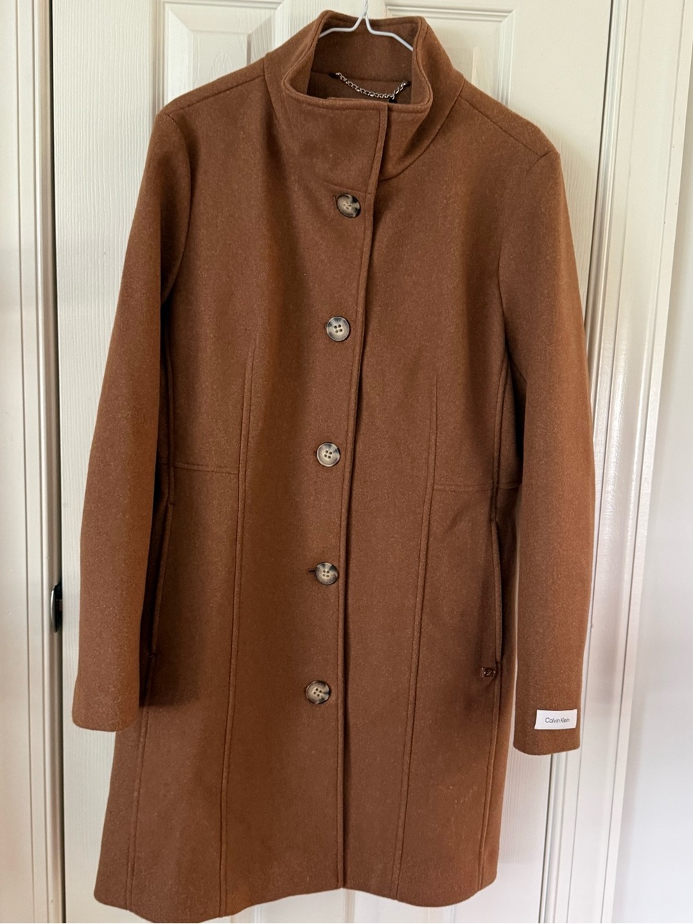 Calvin Klein Camel Brown Wool Blend Stand Collar Mid Length Coat NWOT Sz Large - Picture 10 of 15